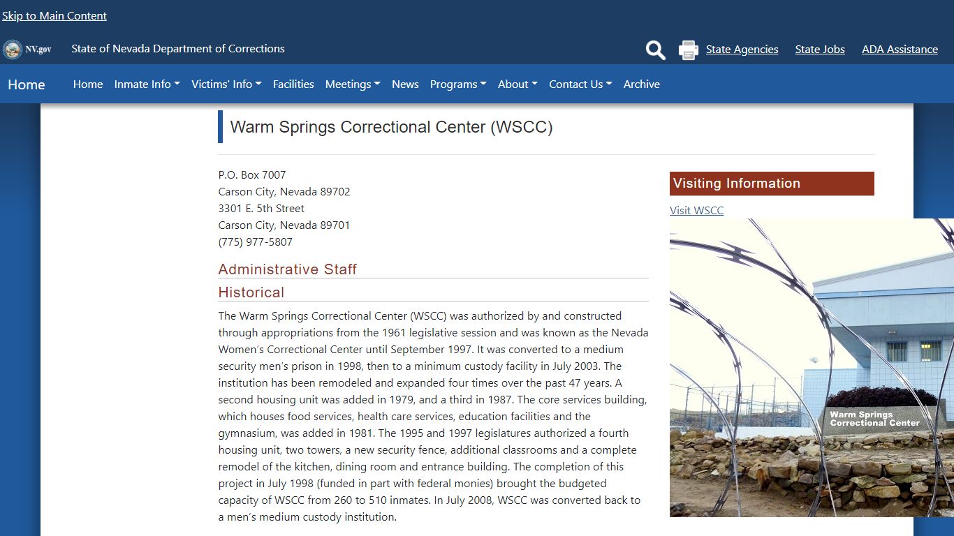 Warm Springs Correctional Center (WSCC) - Nevada Department of Corrections